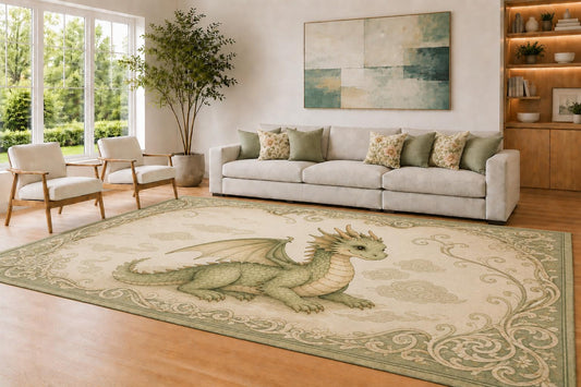 ICE ARMOR Large 6'7" x 9'10" Sage Green and Cream Baby Dragon Area Rug for Living Room, Soft Low Pile Carpet with Non-Slip Silicone Backing, Decor for Bedroom and Home Office