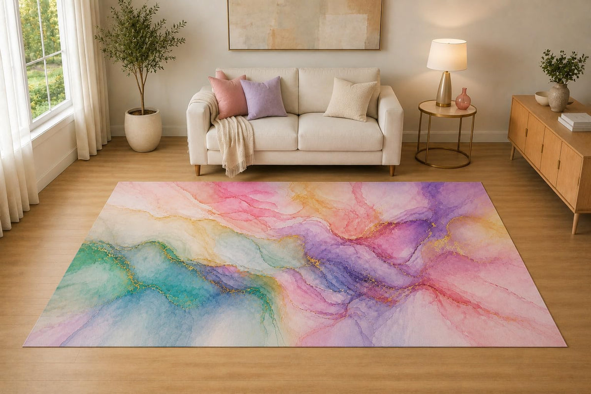 ICE ARMOR "Ultra Light Weight 5' x 7' Pastel Marble Flow Area Rug for Living Room, Bedroom and Home Office, Soft Low Pile Carpet with Non-Slip Silicone Backing, Pink and Purple