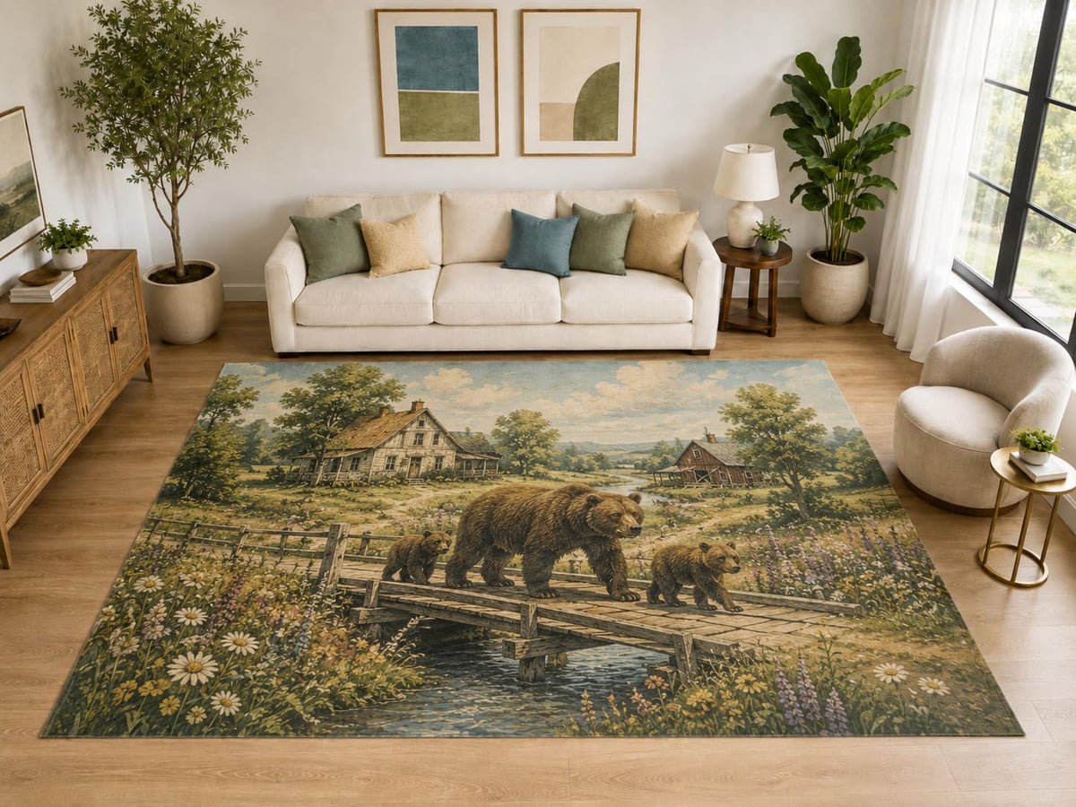 ICE ARMOR "Ultra Light Weight Large 6'7" x 9'10" Bear Family Bridge Area Rug, Soft Low Pile Indoor Rug, Non-Slip Silicone Backing, Living Room, Beige