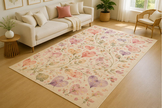 ICE ARMOR 5' x 7' Botanical Heart Vine Watercolor Area Rug for Living Room, Soft Low Pile Indoor Rug with Non-Slip Silicone Backing, Decorative Carpet for Bedroom, Family Room, Office, Cream Pastel