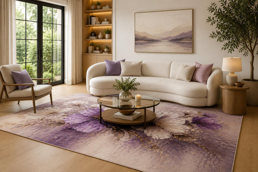 ICE ARMOR 6'7" x 9'10" Purple, Lavender and Cream Floral Blooms Area Rug for Living Room, Soft Low Pile with Non-Slip Backing, Bedroom, Dining Area and Office Decor