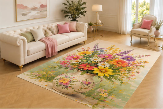 ICE ARMOR 5' x 7' Wildflower Vase Rug, Pink, Yellow, Orange and Purple Blooms in a Painted Ceramic Pot, Cheerful Accent for Living Room, Bedroom, Studio or Entryway