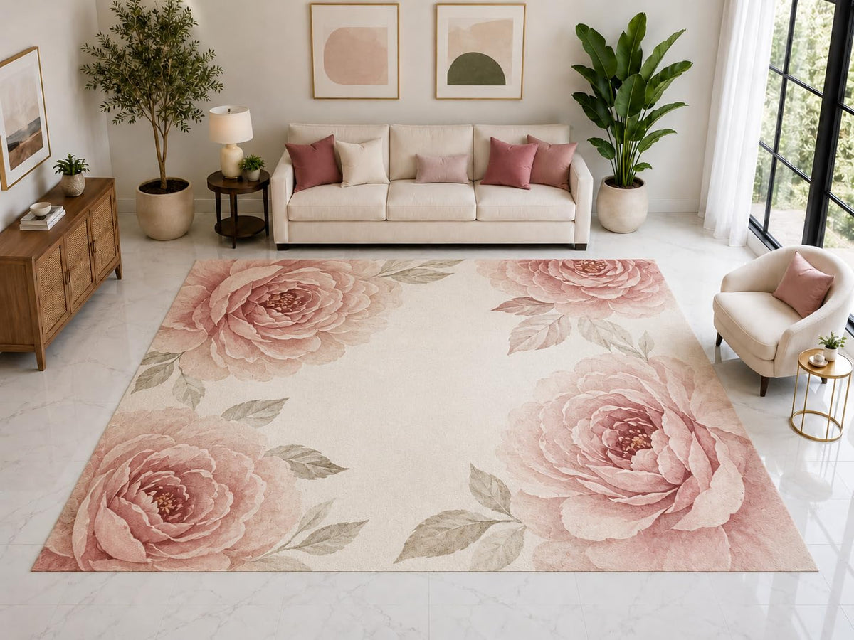 ICE ARMOR "Ultra Light Weight Large 6'7" x 9'10" Pink Magnolia Floral Rug, Soft Low Pile Indoor Rug, Non-Slip Silicone Backing for Bedroom Pink Cream