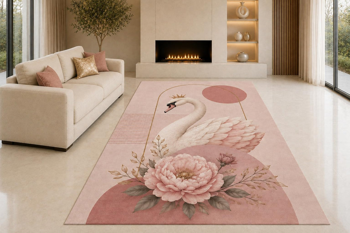 ICE ARMOR "Ultra Light Weight 5' x 7' Crowned Swan Peony Area Rug for Living Room, Bedroom and Home Office, Soft Low Pile Carpet with Non-Slip Silicone Backing, Pink and Cream