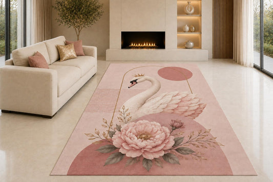 ICE ARMOR "Ultra Light Weight 5' x 7' Crowned Swan Peony Area Rug for Living Room, Bedroom and Home Office, Soft Low Pile Carpet with Non-Slip Silicone Backing, Pink and Cream
