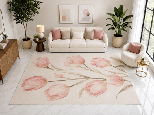 ICE ARMOR "Ultra Light Weight Large 6'7" x 9'10" Pink Tulip Floral Rug, Soft Low Pile Indoor Rug, Non-Slip Silicone Backing for Bedroom Cream Pink