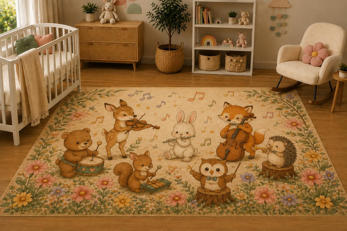 ICE ARMOR 5' x 7' Baby Woodland Animal Orchestra Area Rug for Nursery, Soft Low Pile Indoor Rug with Non-Slip Silicone Backing, Kids Room, Playroom, Kids & Pets, Beige Pastel