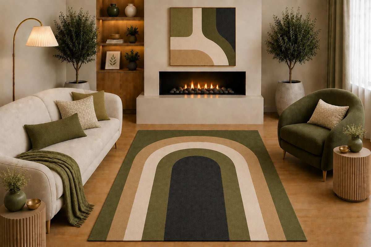 ICE ARMOR "Ultra Light Weight 5' x 7' Mid Century Modern Area Rug Olive Green Beige Tan Charcoal Abstract Arch Design for Living Room Bedroom Dining Room Non-Slip Silicone Backing Low Pile
