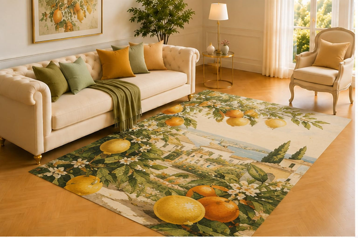 ICE ARMOR 5' x 7' Mediterranean Lemon Rug, Citrus Branches, White Blossoms and Coastal Village View, Fresh Floor Decor for Kitchen, Dining Room or Sunroom