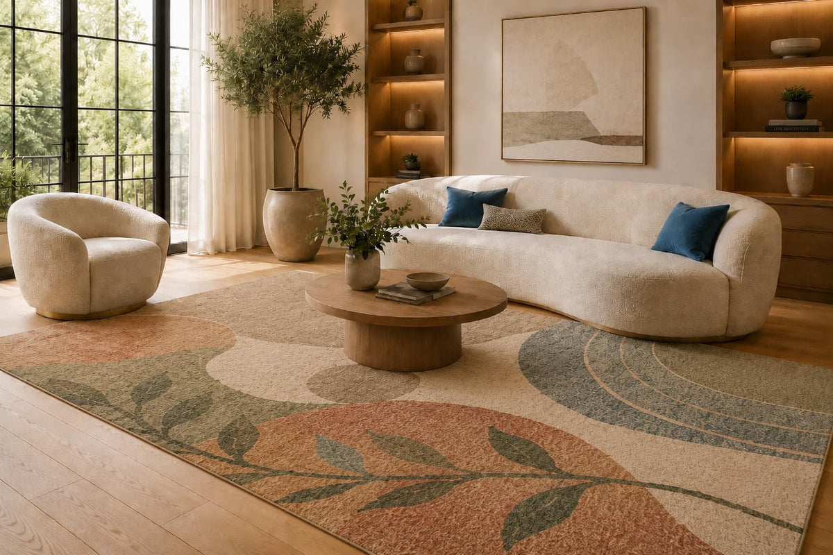 ICE ARMOR 6'7" x 9'10" Terracotta and Blue Botanical Arch Area Rug for Living Room, Soft Low Pile Carpet with Non-Slip Silicone Backing, Floor Decor for Bedroom, Dining Area and Home Office