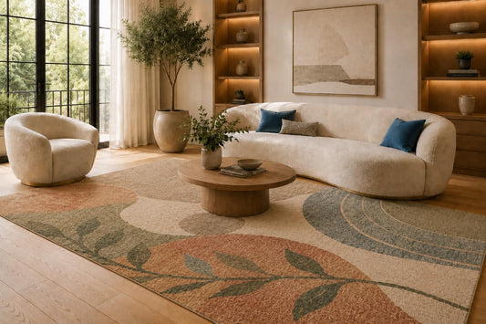 ICE ARMOR 6'7" x 9'10" Terracotta and Blue Botanical Arch Area Rug for Living Room, Soft Low Pile Carpet with Non-Slip Silicone Backing, Floor Decor for Bedroom, Dining Area and Home Office