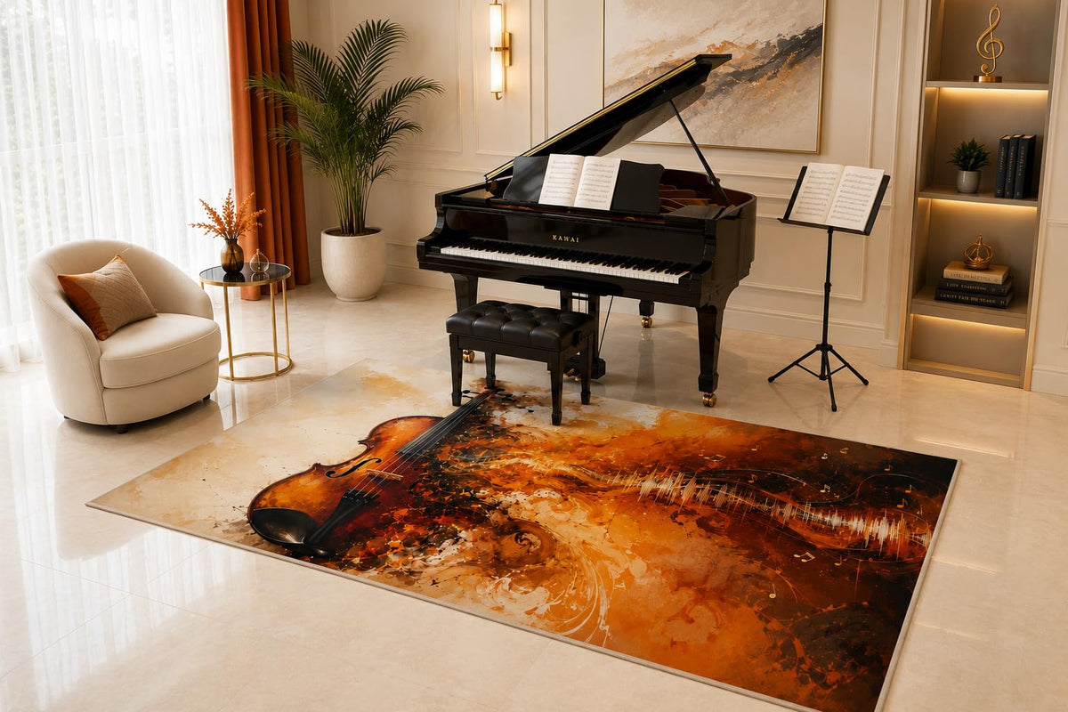 ICE ARMOR 5' x 7' Abstract Violin Area Rug, Modern Musical Instrument Art for Piano Room Music Studio Living Room Decor, Non-Slip Silicone Backing Low Pile Carpet