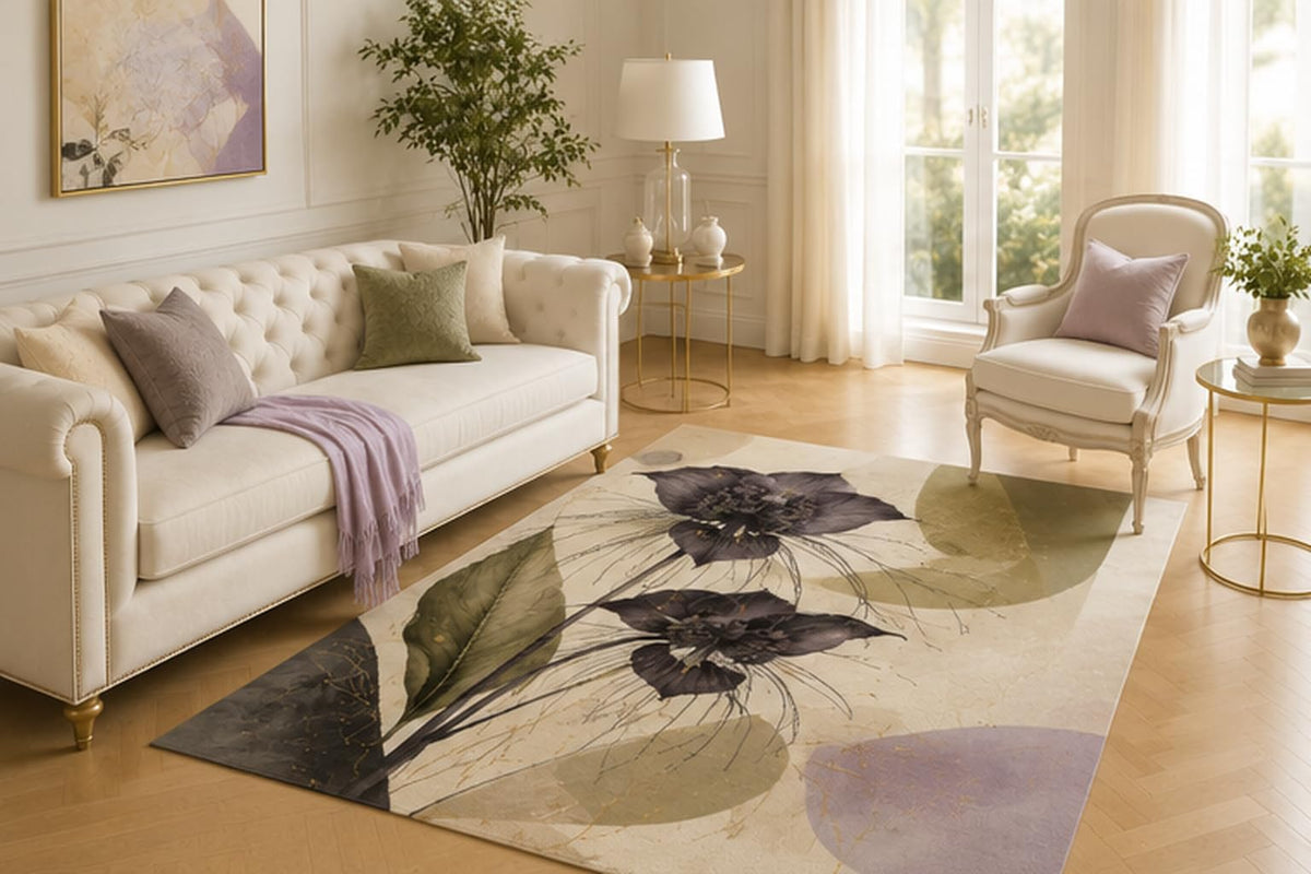 ICE ARMOR 5' x 7' Dark Poppy Botanical Area Rug for Living Room, Soft Low Pile Indoor Carpet with Non-Slip Backing for Bedroom, Dining Room, Office, Purple