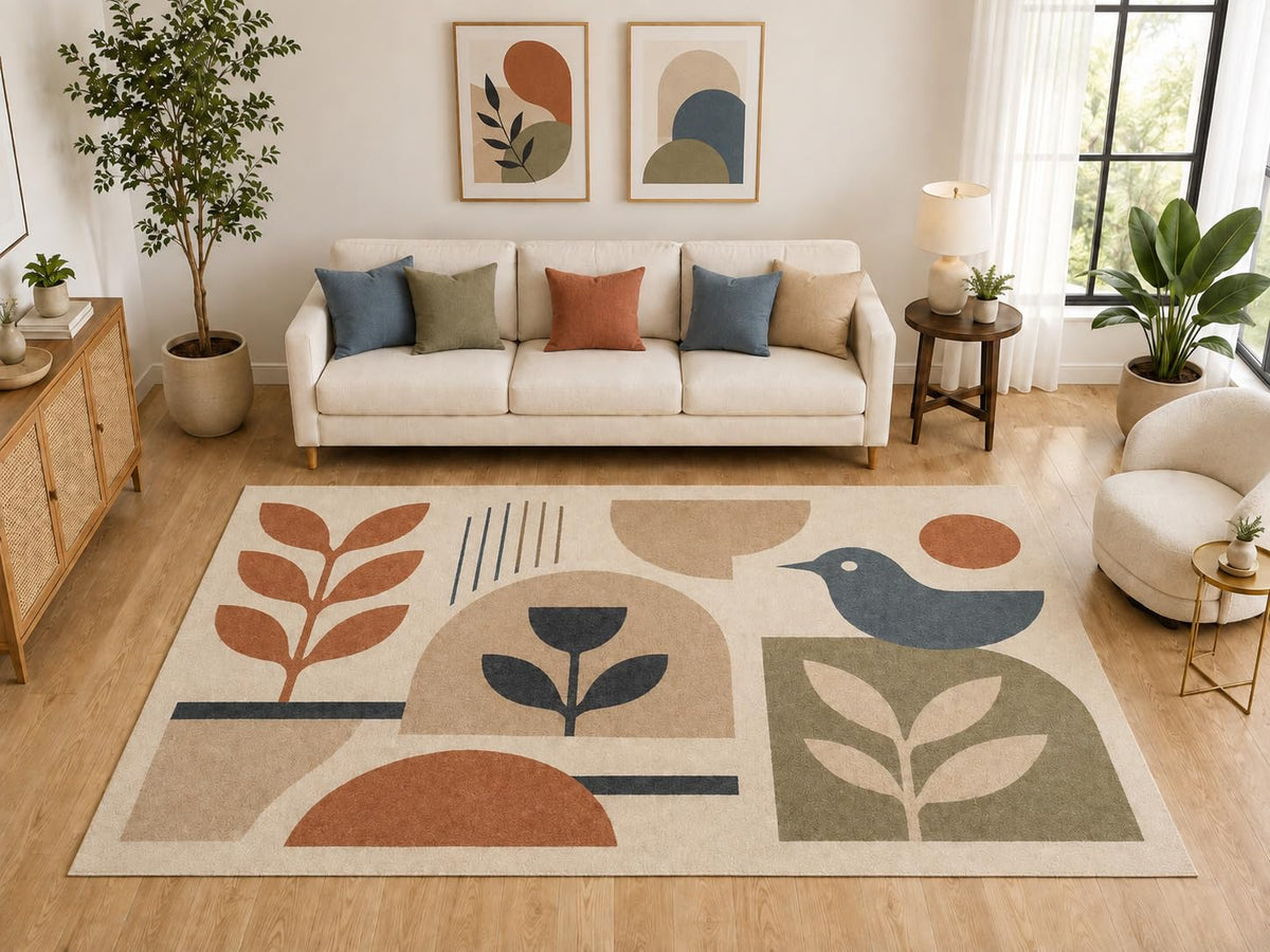 ICE ARMOR "Ultra Light Weight Large 6'7" x 9'10" Botanical Bird Area Rug, Soft Low Pile Indoor Rug and Non-Slip Silicone Backing for Living Room Kids Room, Beige Rust