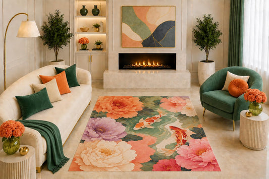 ICE ARMOR "Ultra Light Weight 5' x 7' Koi Fish Floral Area Rug Japanese Botanical Art Peony Pink Green Orange for Living Room Bedroom Dining Room Non-Slip Silicone Backing Low Pile