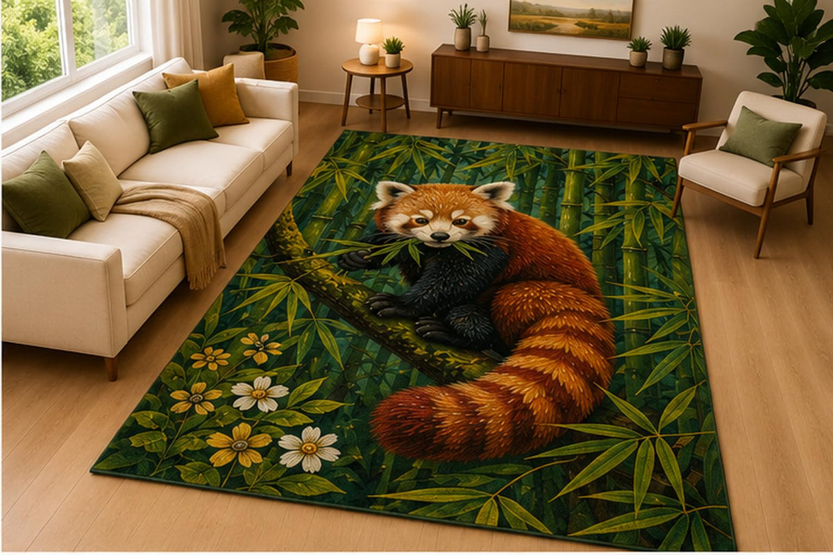 ICE ARMOR 5' x 7' Red Panda Bamboo Forest Area Rug Soft Low Pile Indoor Rug with Non Slip Silicone Backing Cute Wildlife Decor Carpet for Living Room Bedroom Nursery Kids Room Green