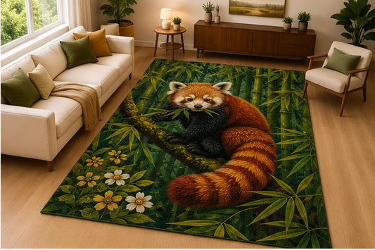 ICE ARMOR 5' x 7' Red Panda Bamboo Forest Area Rug Soft Low Pile Indoor Rug with Non Slip Silicone Backing Cute Wildlife Decor Carpet for Living Room Bedroom Nursery Kids Room Green