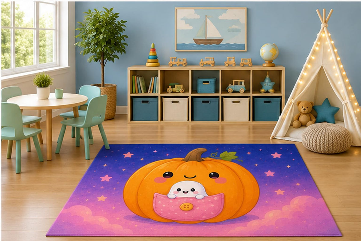 ICE ARMOR 5' x 7' Pumpkin Pocket Ghost Kids Area Rug, Cute Smiling Pumpkin Baby Ghost Kawaii Cartoon Playroom Nursery Bedroom Halloween Decor, Non-Slip Silicone Backing Low Pile
