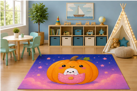ICE ARMOR 5' x 7' Pumpkin Pocket Ghost Kids Area Rug, Cute Smiling Pumpkin Baby Ghost Kawaii Cartoon Playroom Nursery Bedroom Halloween Decor, Non-Slip Silicone Backing Low Pile