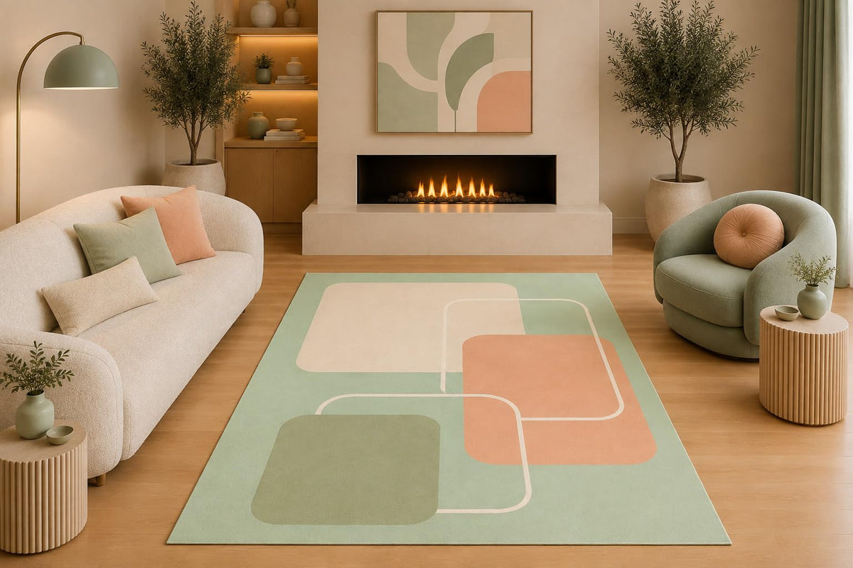 ICE ARMOR 5' x 7' Modern Abstract Geometric Area Rug Sage Green Peach Cream Rounded Squares for Living Room Bedroom Nursery Office Non-Slip Silicone Backing Low Pile