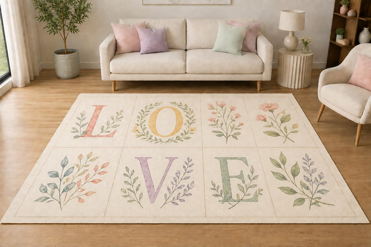 ICE ARMOR 5' x 7' Botanical Alphabet Love Patchwork Area Rug, Soft Low Pile Indoor Rug with Non-Slip Silicone Backing for Living Room, Bedroom, Office, Family Room, Cream Sage Lavender