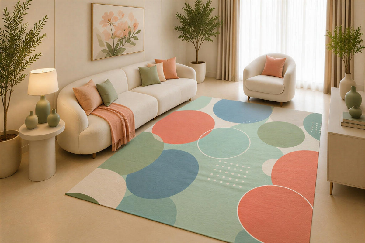 ICE ARMOR 5' x 7' Modern Circle Area Rug, Pastel Blue Pink Geometric Dot Pattern for Living Room Bedroom Nursery, Non-Slip Silicone Backing, Low Pile Carpet
