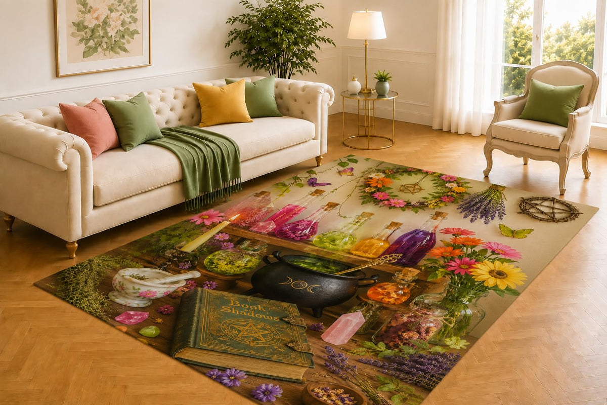 ICE ARMOR 5' x 7' Magic Potion Rug, Spellbook Candle Key Botanical Artwork, Smooth Printed Floor Cover for Bedroom, Study, Library and Witchy Home Decor