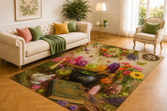 ICE ARMOR 5' x 7' Magic Potion Rug, Spellbook Candle Key Botanical Artwork, Smooth Printed Floor Cover for Bedroom, Study, Library and Witchy Home Decor