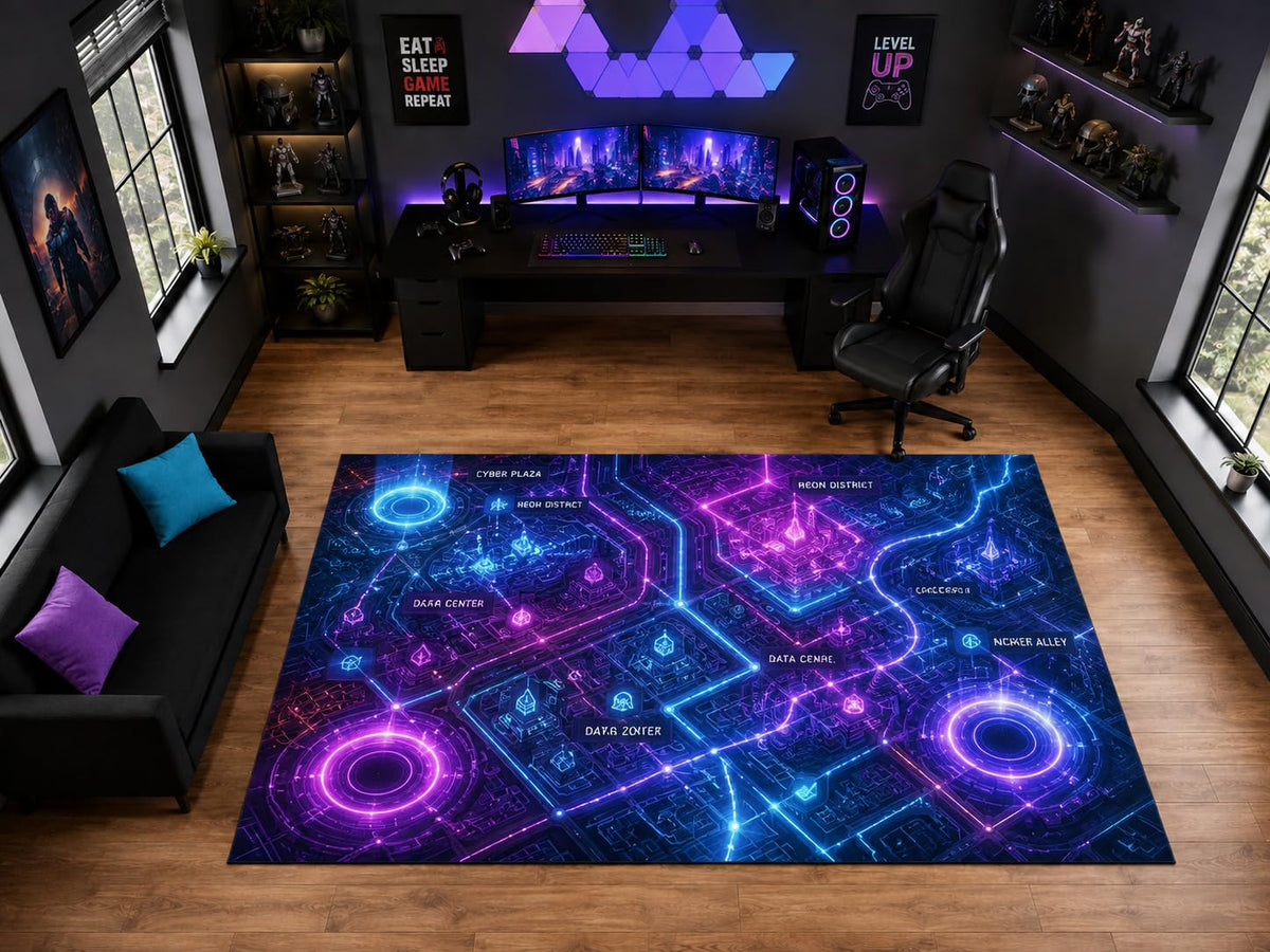 ICE ARMOR "Ultra Light Weight Large 6'7" x 9'10" Neon Cyber City Map Area Rug for Gaming Room Decor, Soft Low Pile Indoor Rug with Non-Slip Silicone Backing, Purple Blue Black