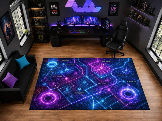 ICE ARMOR "Ultra Light Weight Large 6'7" x 9'10" Neon Cyber City Map Area Rug for Gaming Room Decor, Soft Low Pile Indoor Rug with Non-Slip Silicone Backing, Purple Blue Black