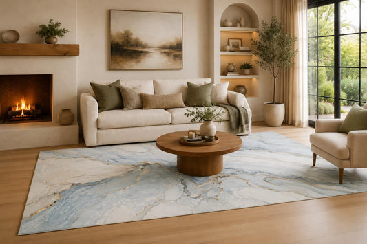 ICE ARMOR Large 6'7" x 9'10" Sky Blue, Cream and Golden Color Marble Current Area Rug for Living Room, Soft Low Pile Carpet with Non-Slip Silicone Backing, Decor for Bedroom and Dining Area