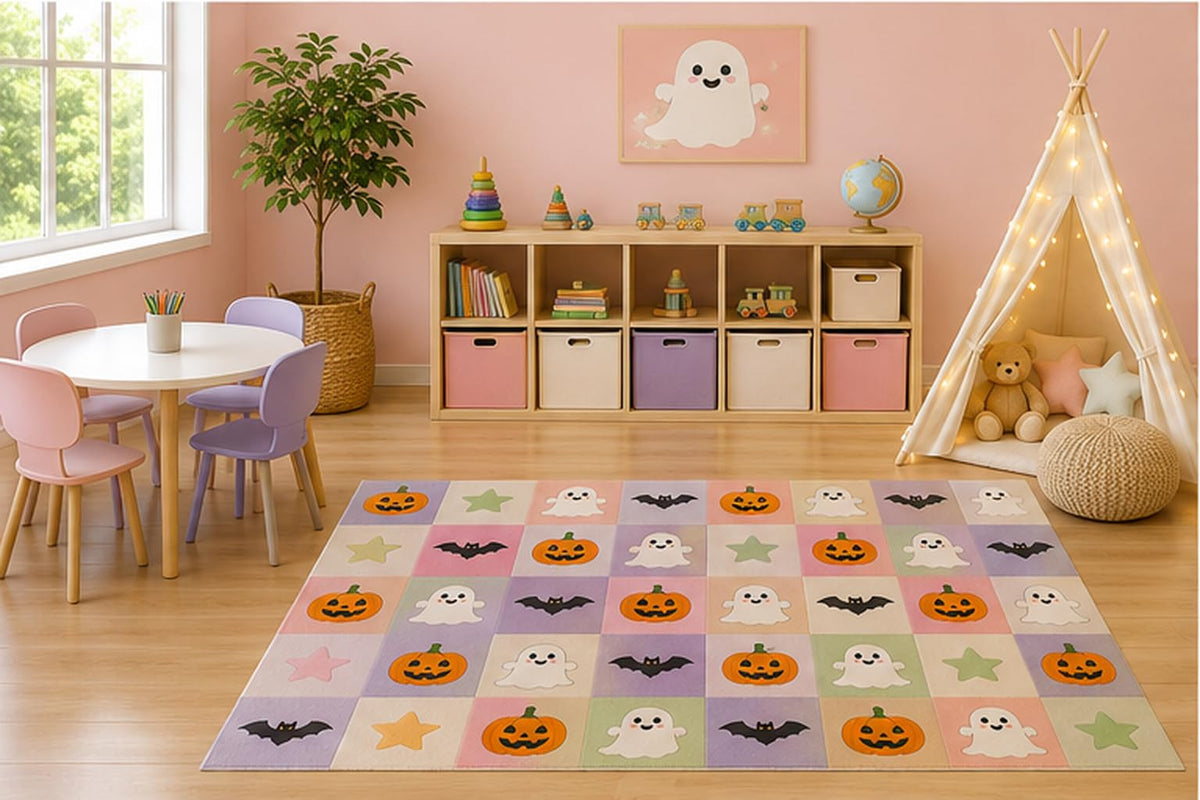 ICE ARMOR 5' x 7' Pastel Halloween Checkerboard Kids Area Rug, Cute Ghost Pumpkin Bat Pattern Cartoon Playroom Nursery Bedroom Decor, Non-Slip Silicone Backing Low Pile