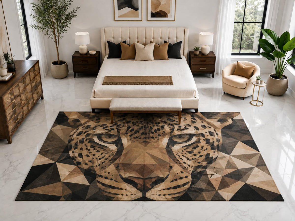 ICE ARMOR "Ultra Light Weight Large 6'7" x 9'10" Geometric Leopard Face Rug, Soft Low Pile Indoor Rug, Non-Slip Silicone Backing for Bedroom Brown Black