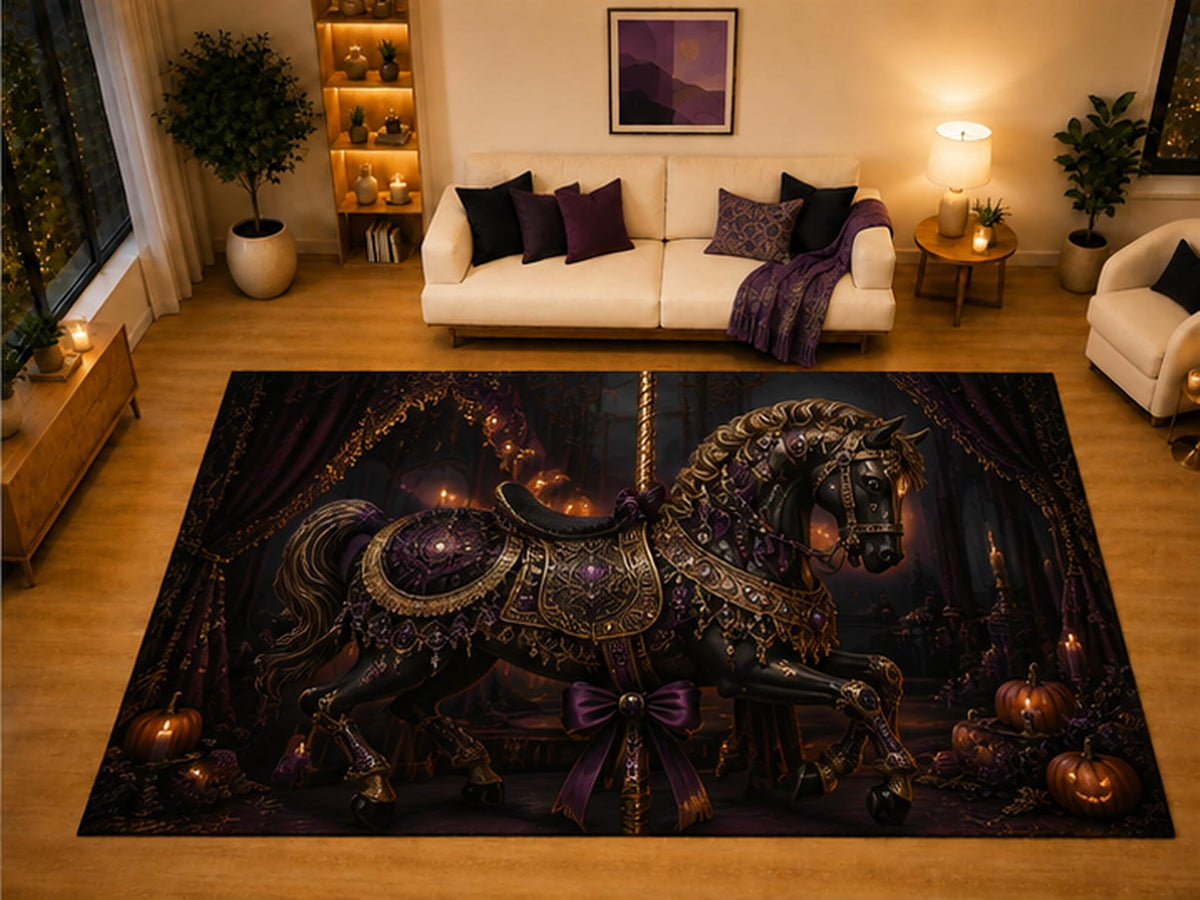 ICE ARMOR "Ultra Light Weight Large 6'7" x 9'10" Carousel Horse Gothic Area Rug for Living Room Bedroom Dining Area, Soft Low Pile Non-Slip Backing, Black Purple Victorian Carnival Decor