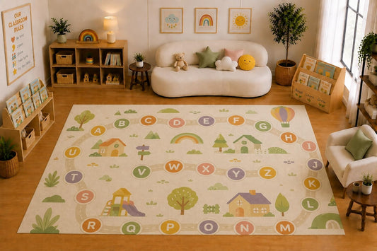 ICE ARMOR Large 6'7" x 9'10" Alphabet Learning Path Area Rug for for Kids Room, Classroom, Bedroom, Playroom Decor, Soft Low Pile Indoor Rug with Non-Slip Silicone Backing, Cream Pastel Multicolor