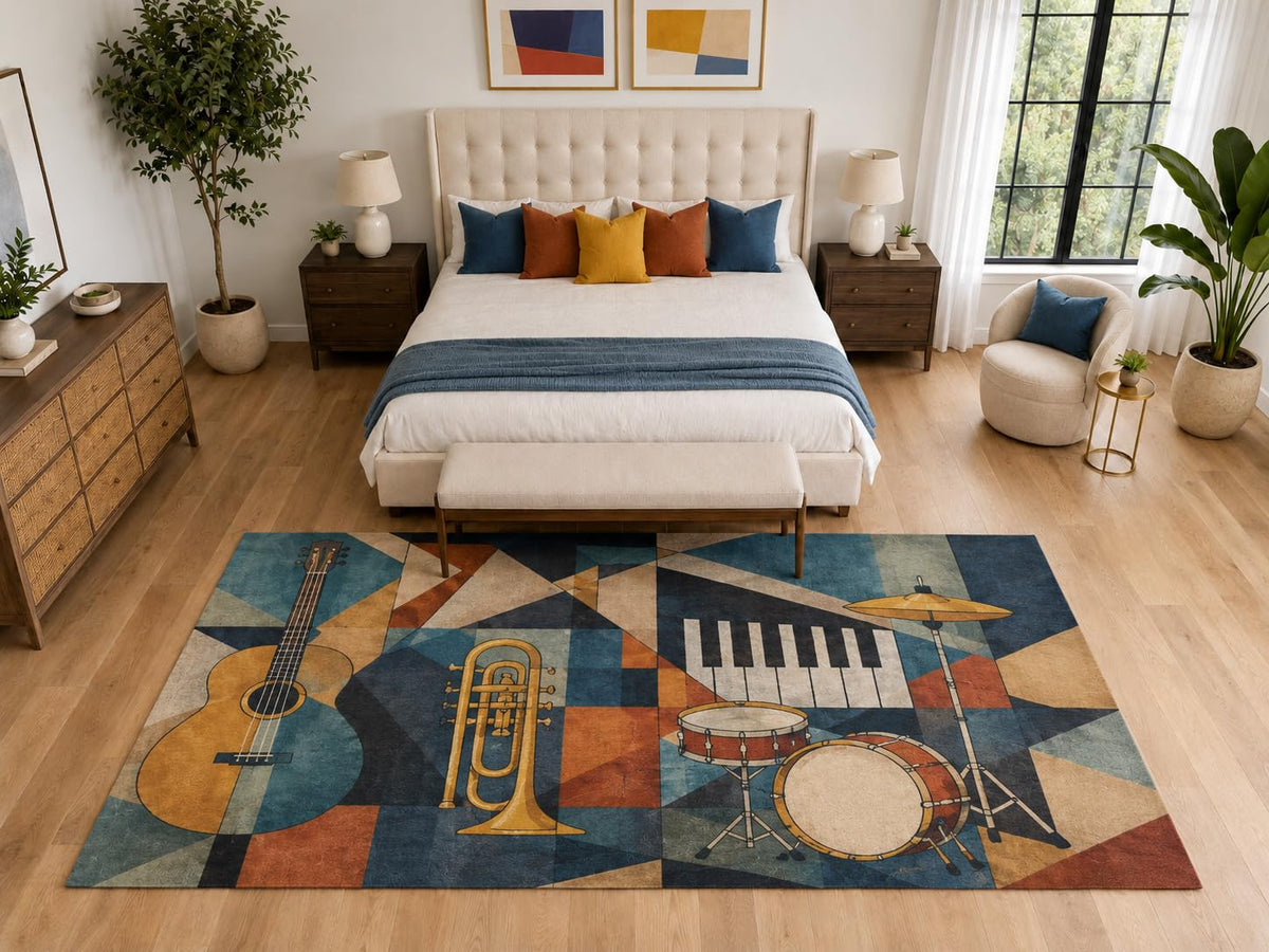 ICE ARMOR "Ultra Light Weight Large 6'7" x 9'10" Geometric Music Instrument Rug, Soft Low Pile Indoor Rug, Non-Slip Silicone Backing for Bedroom Blue