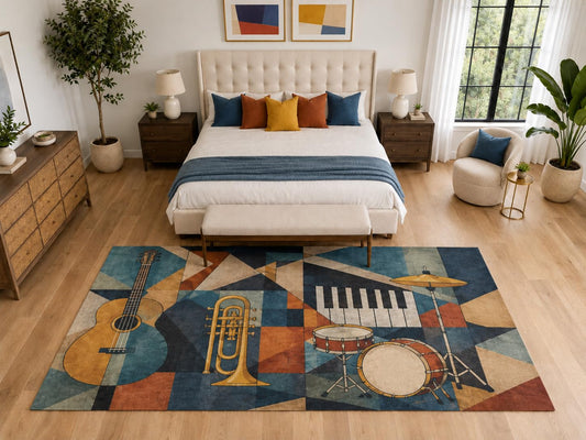 ICE ARMOR "Ultra Light Weight Large 6'7" x 9'10" Geometric Music Instrument Rug, Soft Low Pile Indoor Rug, Non-Slip Silicone Backing for Bedroom Blue