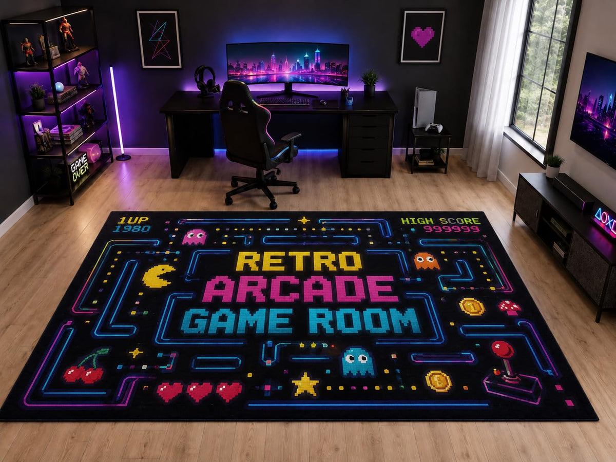 ICE ARMOR "Ultra Light Weight Large 6'7" x 9'10" Retro Arcade Area Rug for Kids Room Playroom Family Room, Soft Low Pile Indoor Rug, Non-Slip Silicone Backing, Black