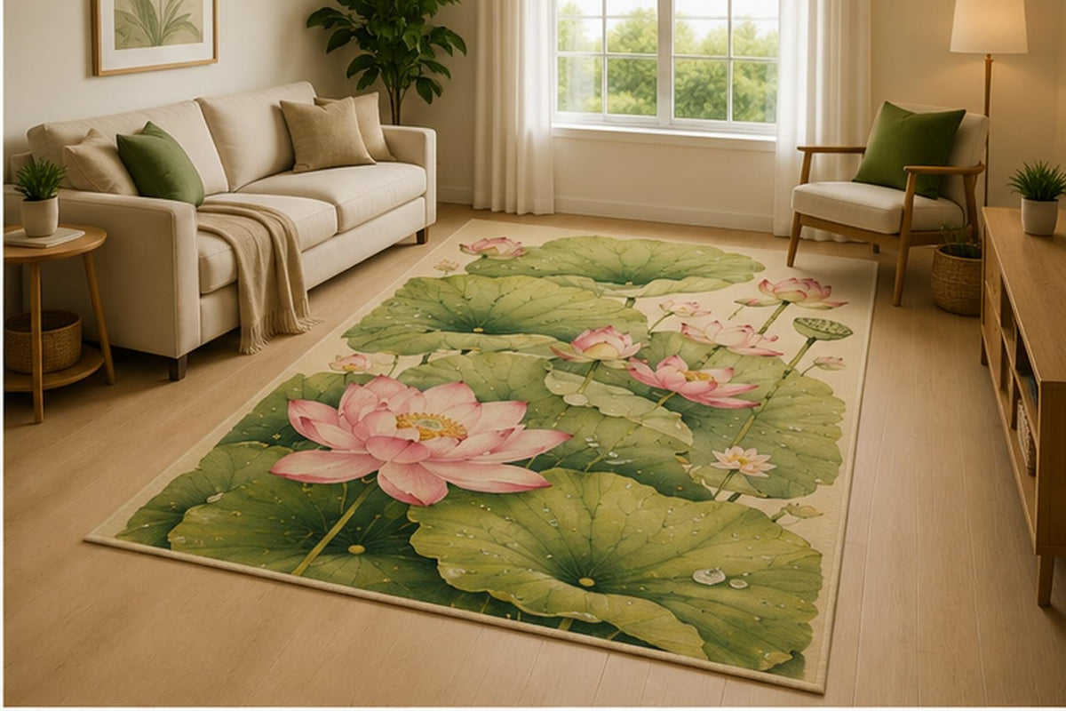 ICE ARMOR 5' x 7' Pink Lotus Leaves Area Rug for Living Room, Soft Low Pile Indoor Rug with Non-Slip Silicone Backing, Bedroom, Nursery, Kids & Pets, Green Pink