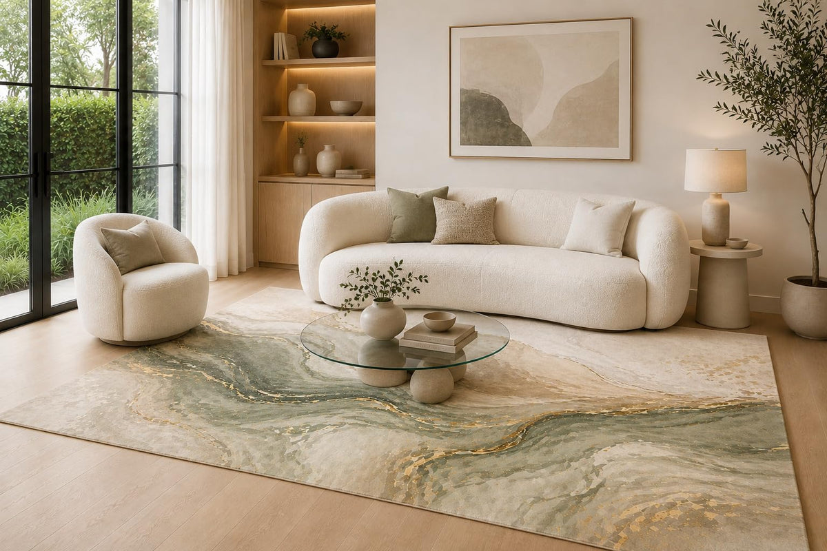ICE ARMOR 6'7" x 9'10" Sage Green, Cream and Metallic Beige Sage Marble Currents Area Rug, Soft Low Pile Carpet with Non-Slip Silicone Backing for Living Room, Bedroom, Dining Area and Home Office