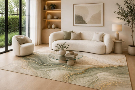 ICE ARMOR 6'7" x 9'10" Sage Green, Cream and Metallic Beige Sage Marble Currents Area Rug, Soft Low Pile Carpet with Non-Slip Silicone Backing for Living Room, Bedroom, Dining Area and Home Office
