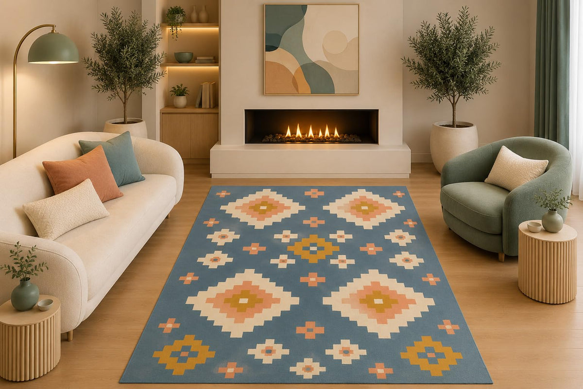 ICE ARMOR 5' x 7' Southwestern Geometric Area Rug Tribal Diamond Pattern Blue Peach Cream Mustard for Living Room Bedroom Dining Room Non-Slip Silicone Backing Low Pile