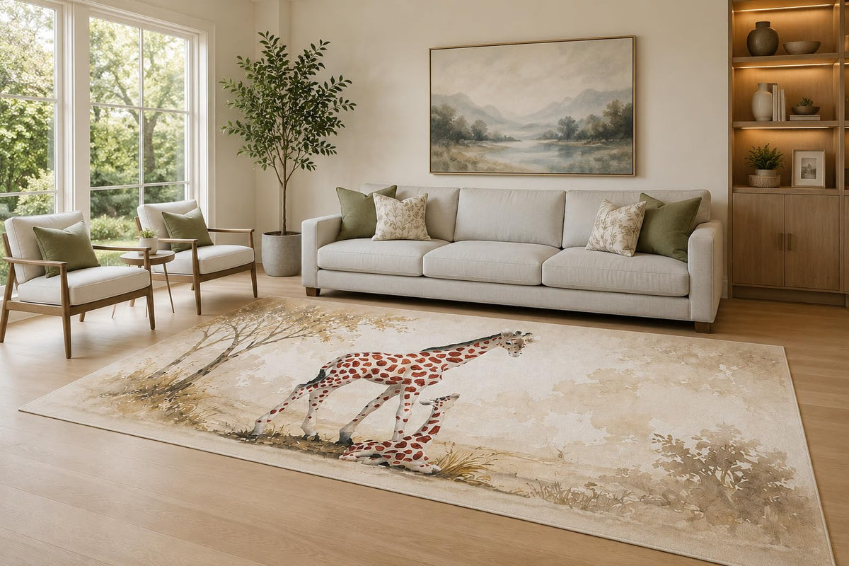 ICE ARMOR Large 6'7" x 9'10" Beige and Brown Giraffe Pair Area Rug for Living Room, Soft Low Pile Carpet with Non-Slip Silicone Backing, Decor for Bedroom and Home Office