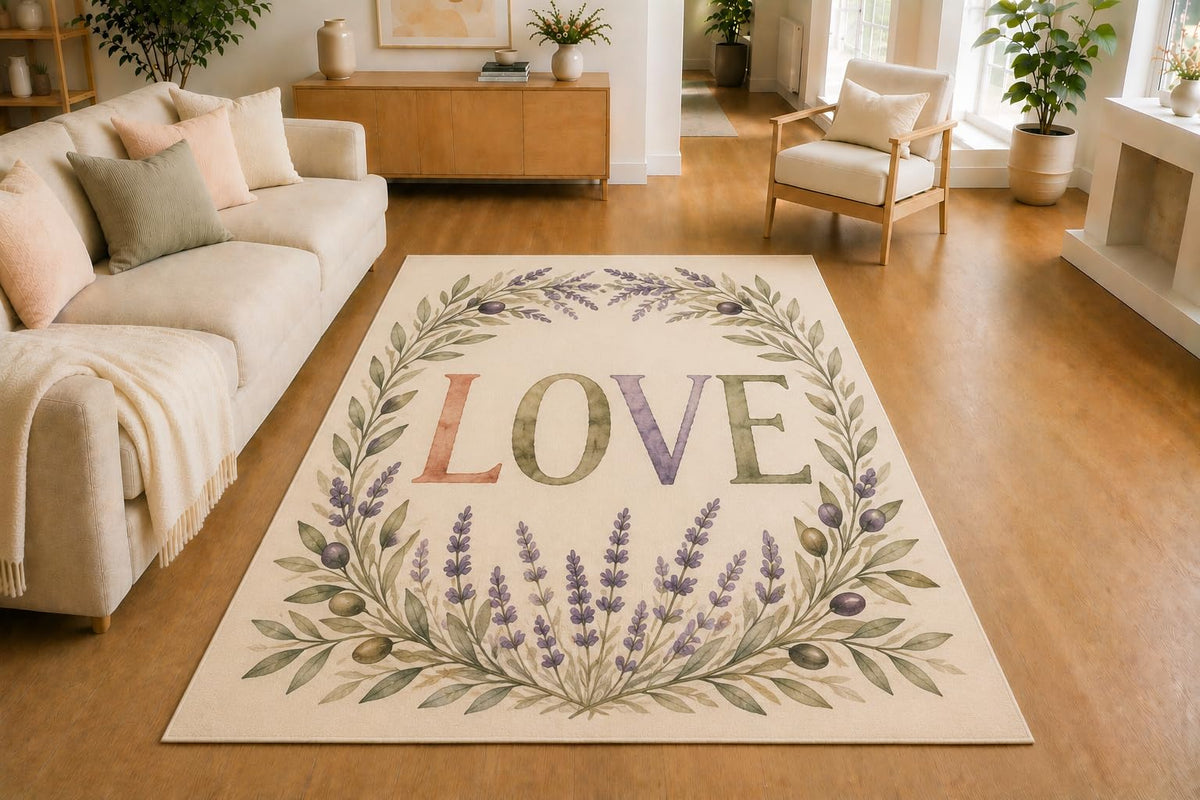 ICE ARMOR 5' x 7' Lavender Olive Love Wreath Area Rug, Soft Low Pile Indoor Rug with Non-Slip Silicone Backing for Living Room, Bedroom, Office, Family Room, Cream Lavender Green