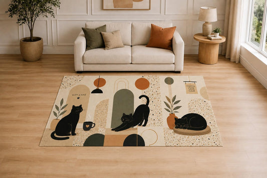 ICE ARMOR "Ultra Light Weight 5' x 7' Modern Cat Cafe Area Rug for Living Room, Bedroom and Home Office, Soft Low Pile Carpet with Non-Slip Silicone Backing, Black and Beige