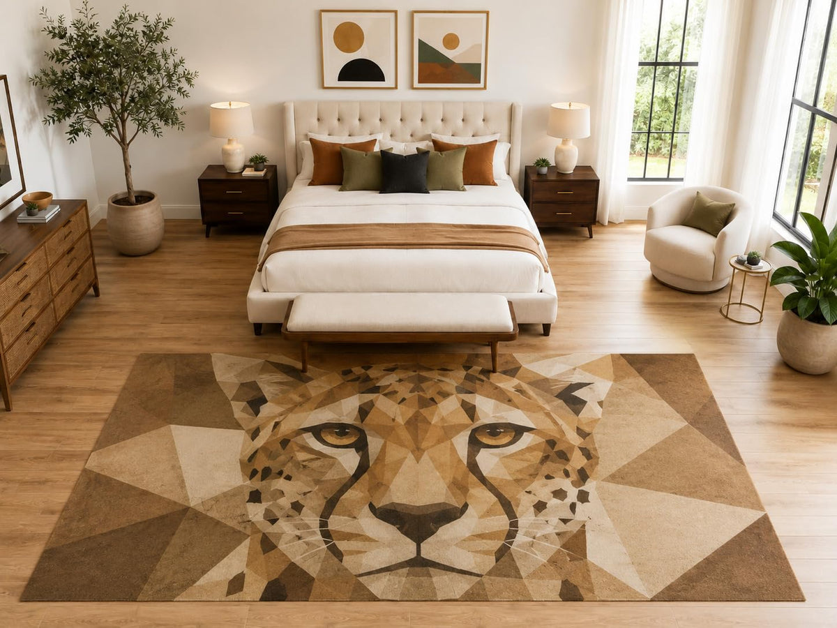 ICE ARMOR "Ultra Light Weight Large 6'7" x 9'10" Leopard Face Area Rug Carpet Soft Low Pile Indoor Rug and Non-Slip Silicone Backing Beige