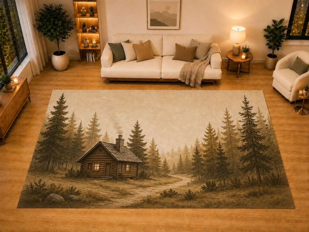 ICE ARMOR "Ultra Light Weight Large 6'7" x 9'10" Rustic Forest Cabin Area Rug for Living Room, Bedroom, Dining Room, Soft Low Pile Non-Slip Backing, Brown Cream
