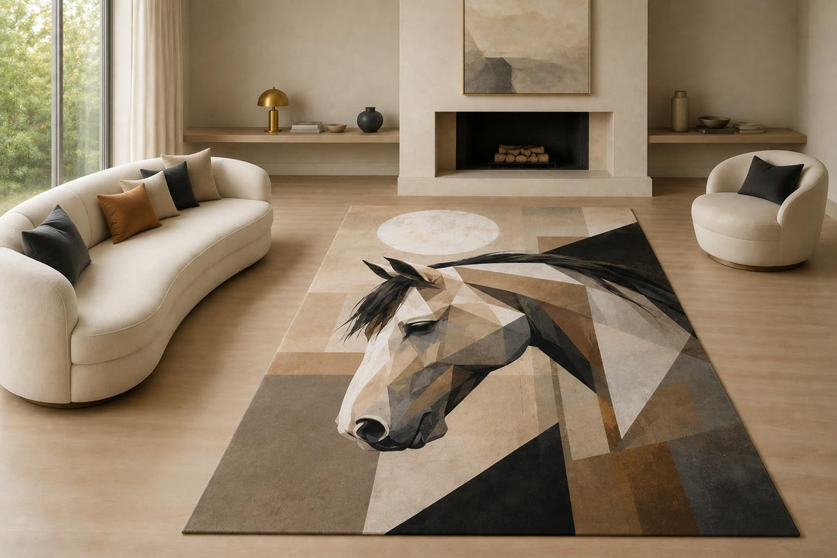 ICE ARMOR "Ultra Lightweight Large 6'7" x 9'10" Faceted Horse Area Rug for Living Room, Bedroom and Home Office, Soft Low Pile Carpet with Non-Slip Silicone Backing, Beige and Black