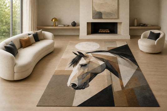 ICE ARMOR "Ultra Lightweight Large 6'7" x 9'10" Faceted Horse Area Rug for Living Room, Bedroom and Home Office, Soft Low Pile Carpet with Non-Slip Silicone Backing, Beige and Black