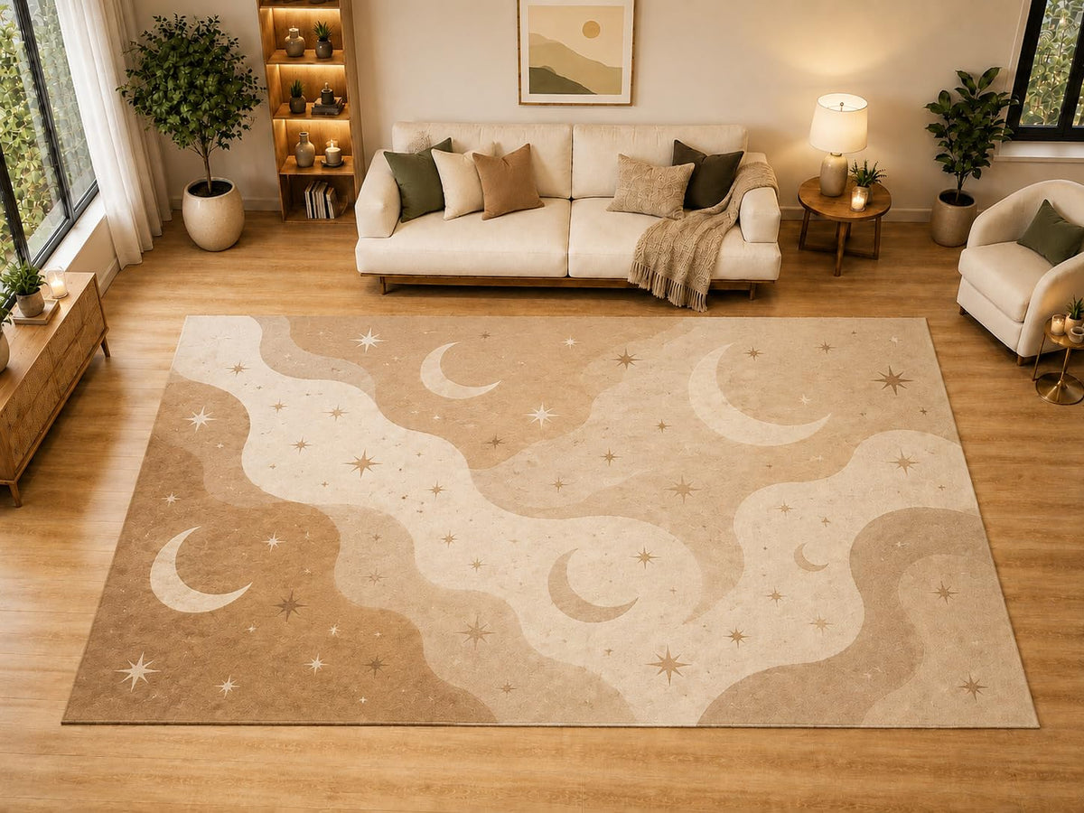 ICE ARMOR "Ultra Light Weight Large 6'7" x 9'10" Celestial Moon Stars Area Rug for Living Room, Bedroom, Dining Room, Soft Low Pile Non-Slip Backing, Tan Cream